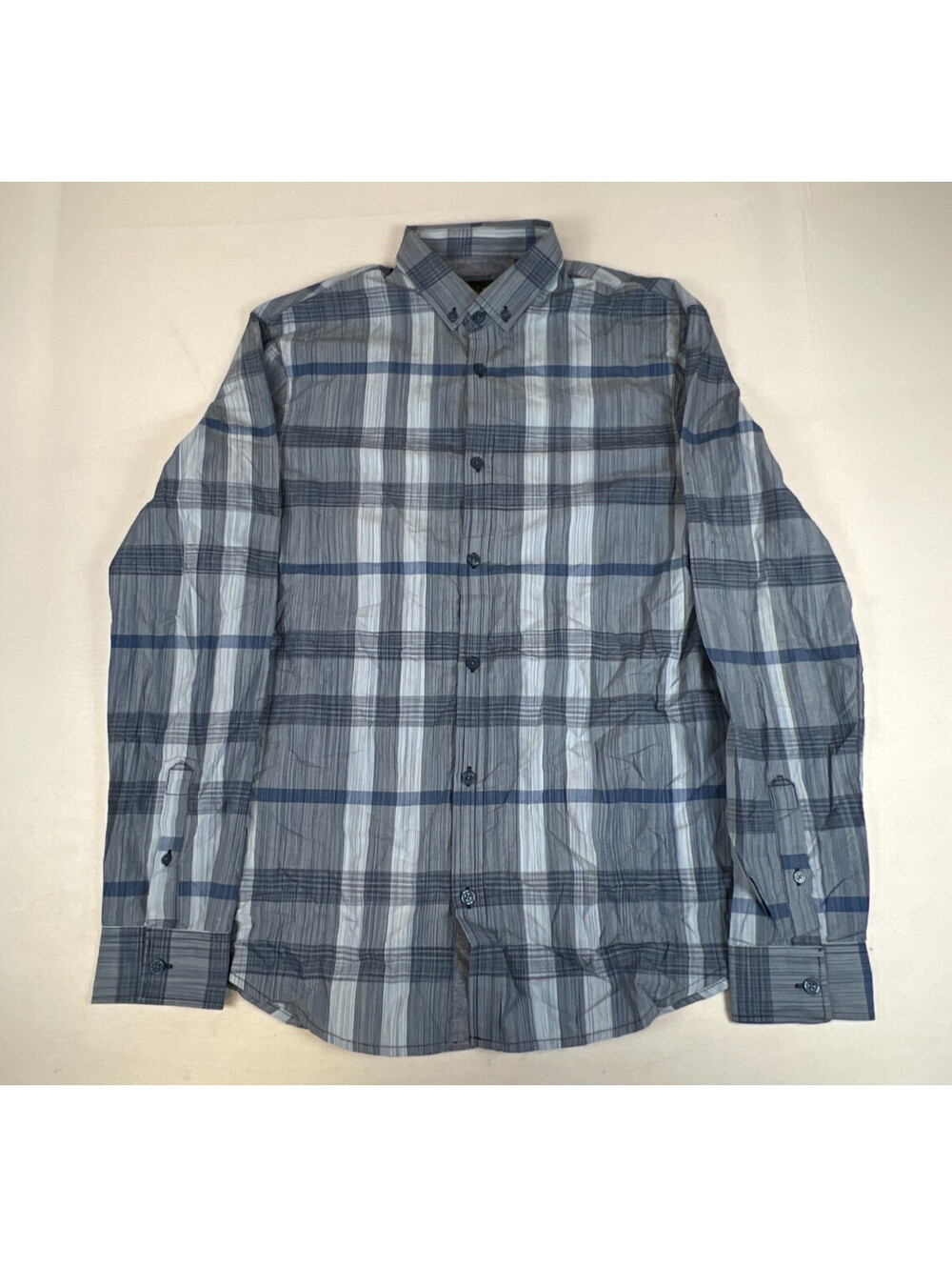 Armani Exchange Men M Plaid Long Sleeve Button Down Shirt Blue Gray Regular Fit
